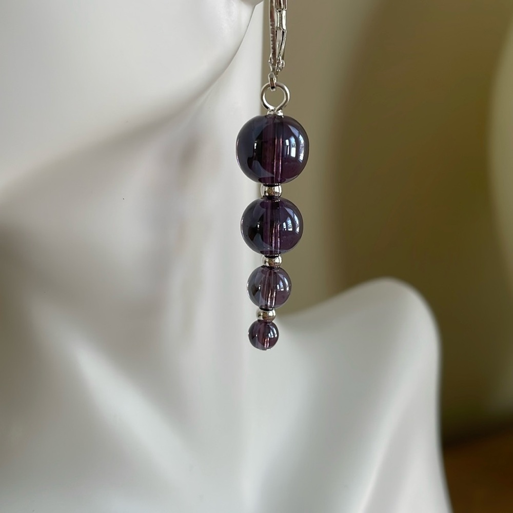 HAND CRAFTED IRIDESCENT EARRINGS Bluish Purple Graduated Contemporary Ball Drop